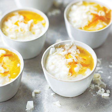 White chocolate and cardamom rice pudding with marmalade and Cointreau sauce