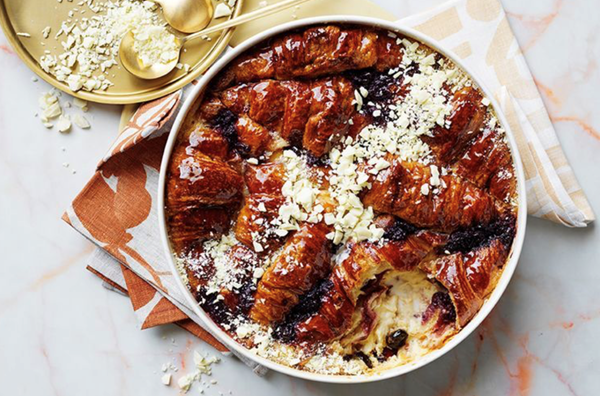 White chocolate and cherry jam croissant pudding