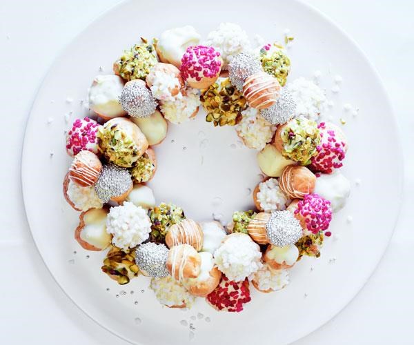 White chocolate and pistachio profiterole wreath