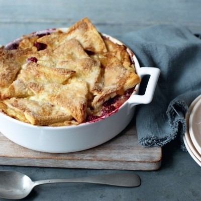 White chocolate and raspberry bread and butter pudding