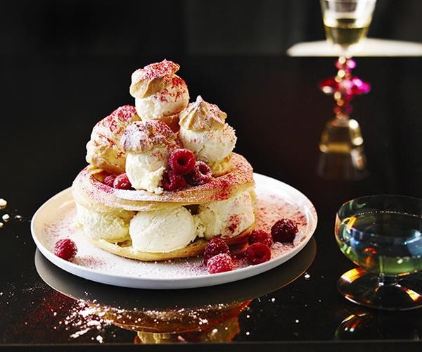 White chocolate and raspberry ice-cream choux stack
