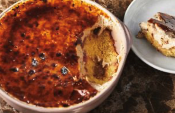 White chocolate and rhubarb pudding with lemon myrtle