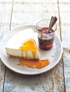 White chocolate cheesecake with bourbon maple syrup