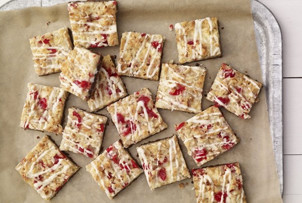 White chocolate-cherry macadamia nut squares