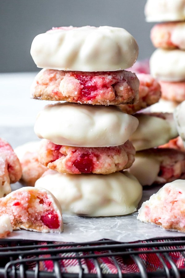 White chocolate cherry shortbread cookies