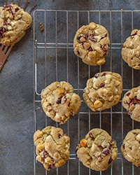 White chocolate chip macadamia cookies with dried cherries