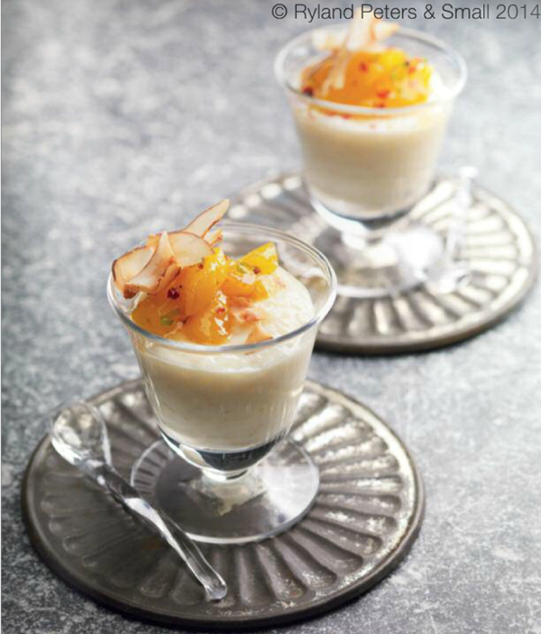 White chocolate, coconut rice pudding with caramelized mango