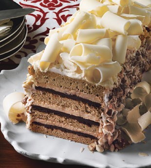 White chocolate espresso torte with hazelnut praline