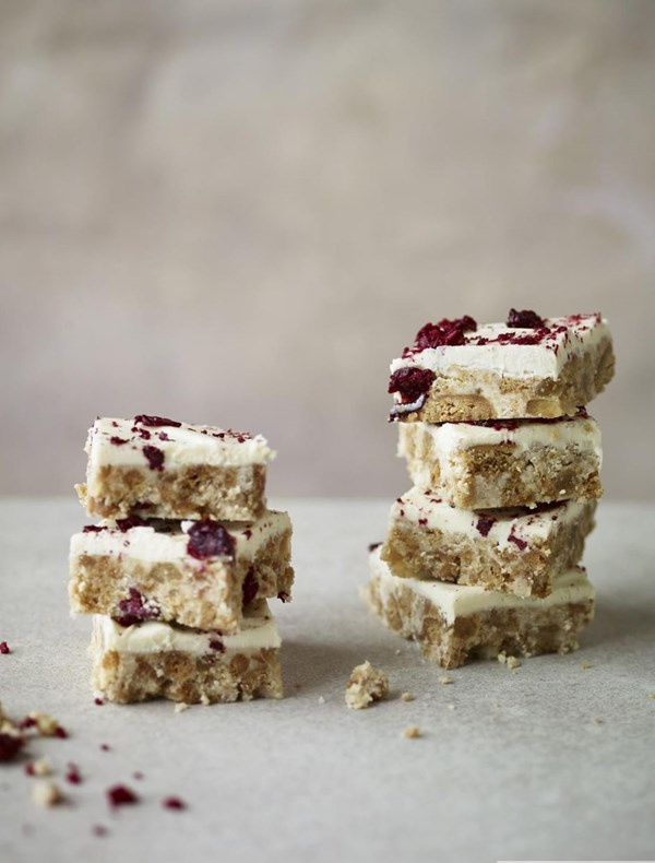 White chocolate, ginger + sour cherry biscuit cake
