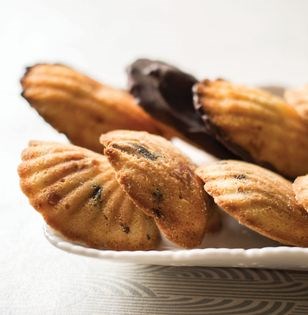 White chocolate, hazelnut, and cherry madeleines