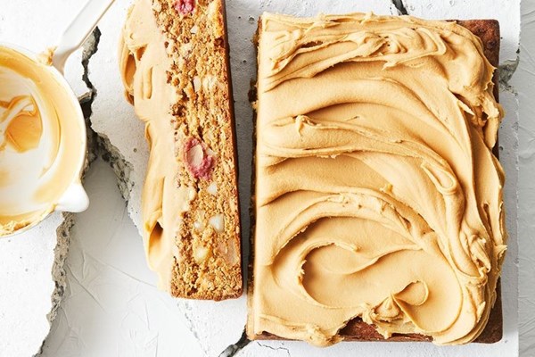 White chocolate, macadamia and raspberry blondie