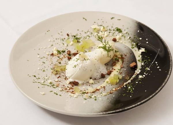 White chocolate mousse and sorbet with dill and cucumber