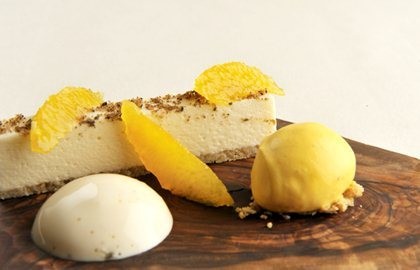 White chocolate mousse with cardamom espuma and clementine sorbet