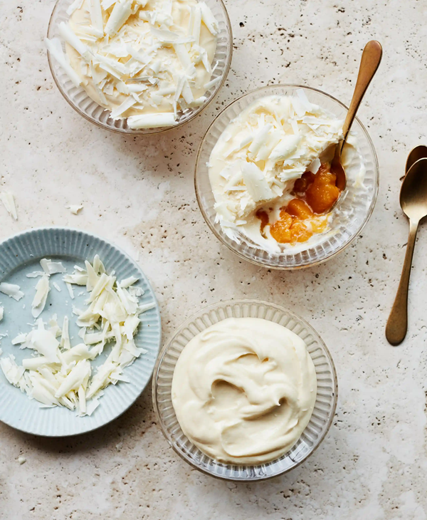 White chocolate mousse with peach compote