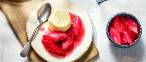 White chocolate panna cotta with stewed rhubarb