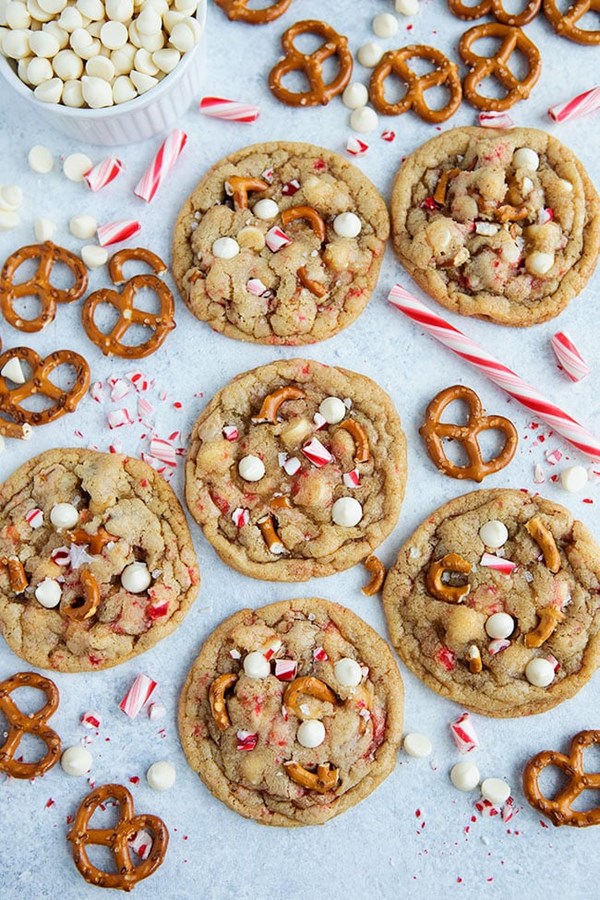White chocolate peppermint pretzel cookies