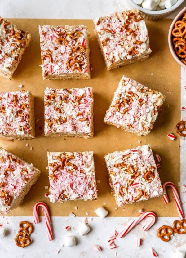 White chocolate peppermint pretzel Rice Krispie treats