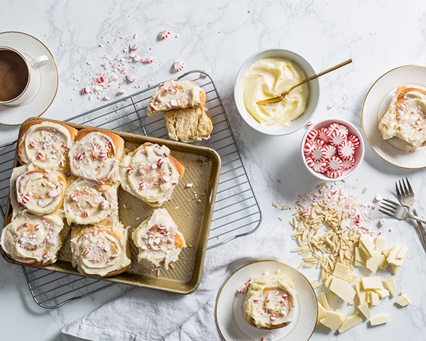 White chocolate-peppermint sweet rolls [cream cheese icing]