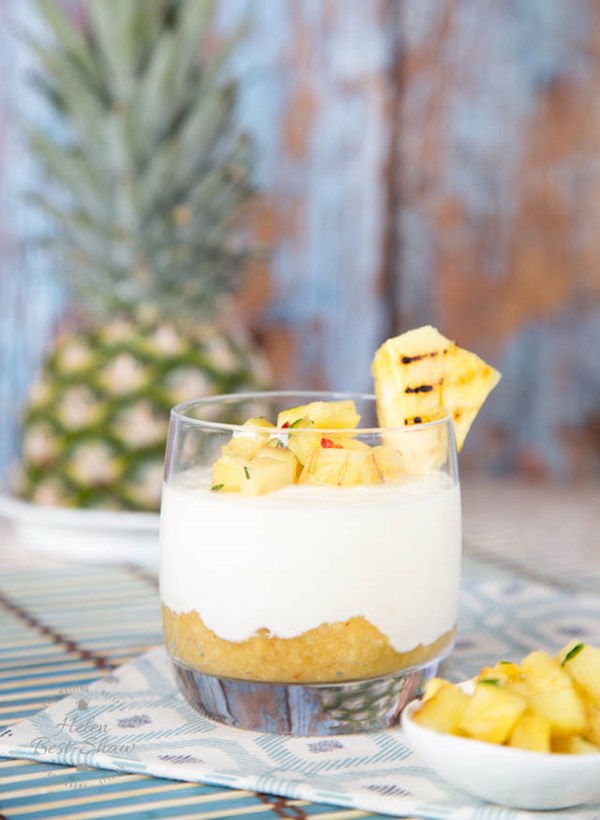 White chocolate piña colada yoghurt puddings