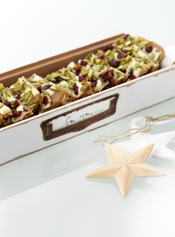 White chocolate, pistachio and cranberry toffee