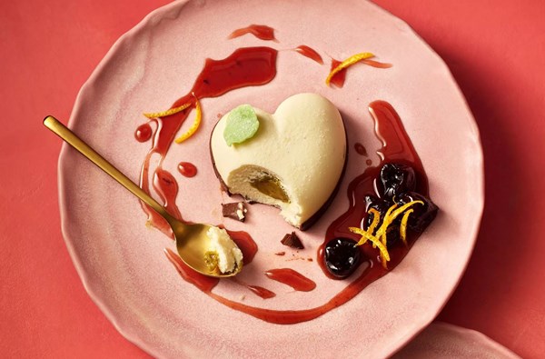 White chocolate pistachio hearts with cherries & balsamic
