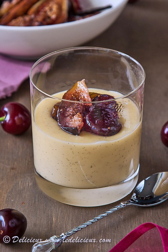 White chocolate pots de creme with honey roasted figs & cherries