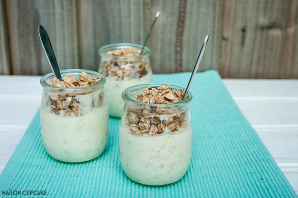 White chocolate pots with apple and granola