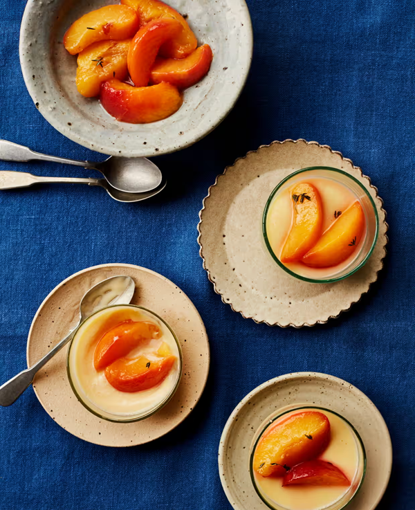 White chocolate pots with roast nectarines