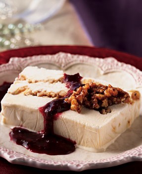 White chocolate praline ice cream terrine with blackberry-raspberry sauce