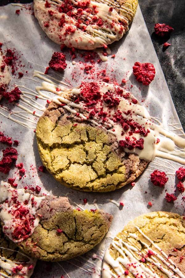 White chocolate raspberry swirled pistachio cookies