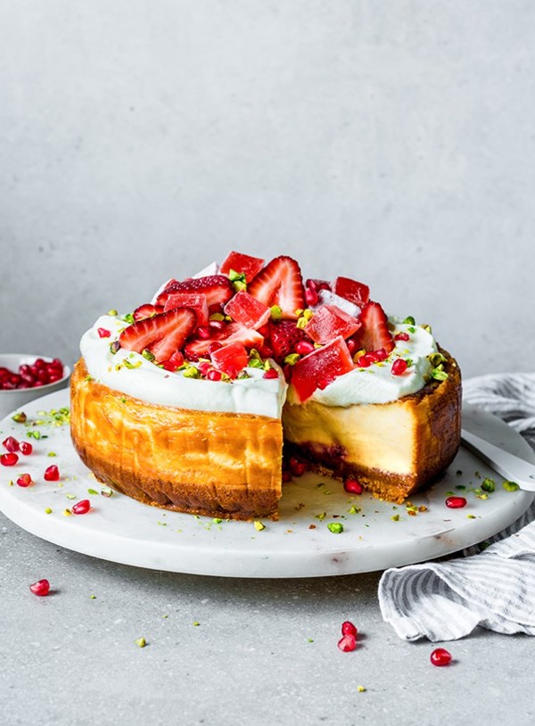 White chocolate, rose and berry cheesecake