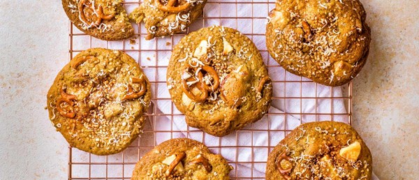 White chocolate, tahini and pretzel cookies