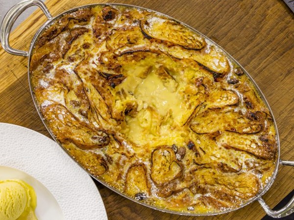White chocolate, whisky and croissant butter pudding