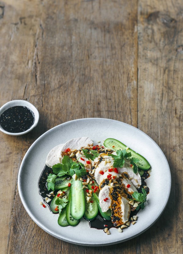 White cooked chicken with a soy and Sichuan dressing