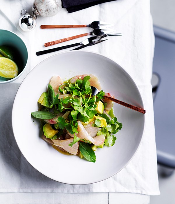 White fish crudo with avocado, herbs and cucumber-lime dressing