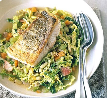 White fish with cabbage & beans