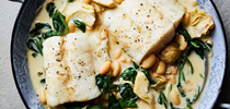 White fish with cannellini beans, artichokes & spinach