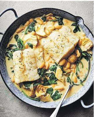 White fish with cannellini beans, artichokes & spinach