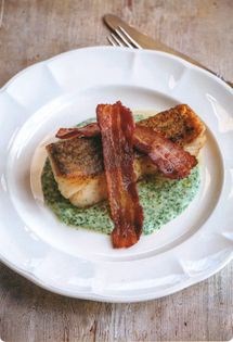 White fish with parsley sauce and bacon