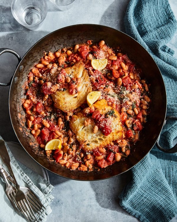 White fish with tomato basil beans