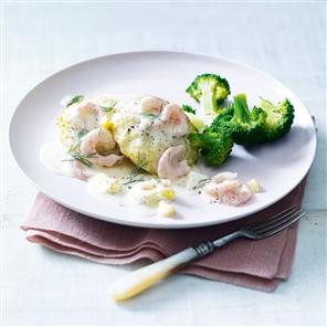 White fishcakes with prawn, egg and dill sauce