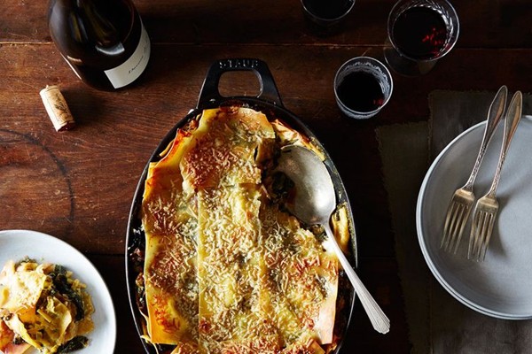 White lasagna with Swiss chard, leeks, and Gruyère