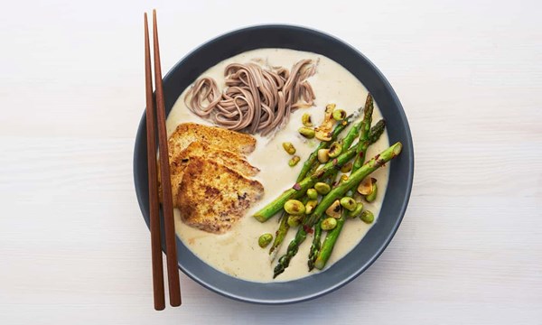 White miso and tofu ramen with chilli garlic asparagus