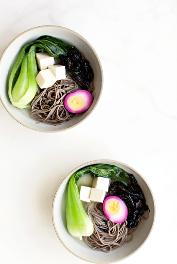 White miso soup: soba noodle, black trumpet mushroom, bok choy, beet-cured egg