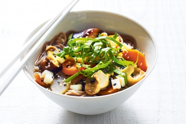 White miso soup with soba noodles