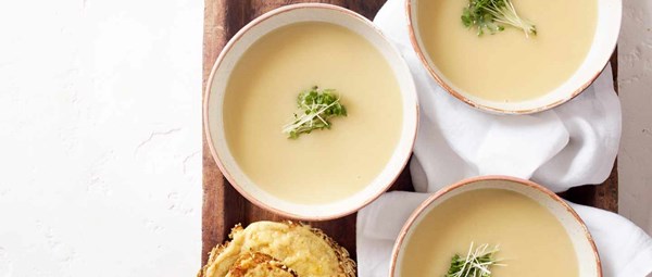 White onion & miso soup with sesame cheese toasts