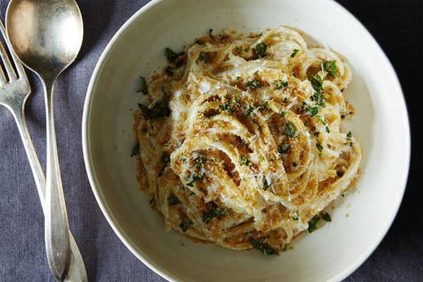 White pasta with garlic Parmigiano breadcrumbs
