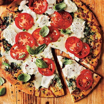 White pizza with tomato and basil