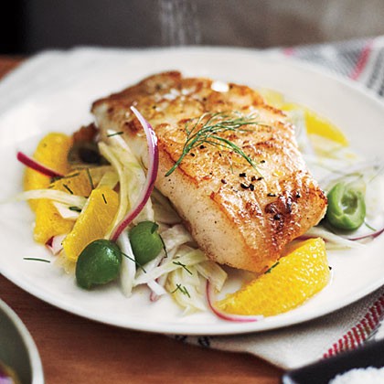 White sea bass with orange-fennel relish