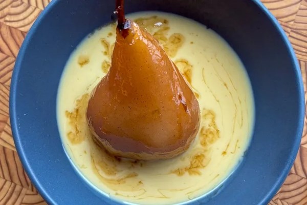White tea poached pears with almond crème Anglaise